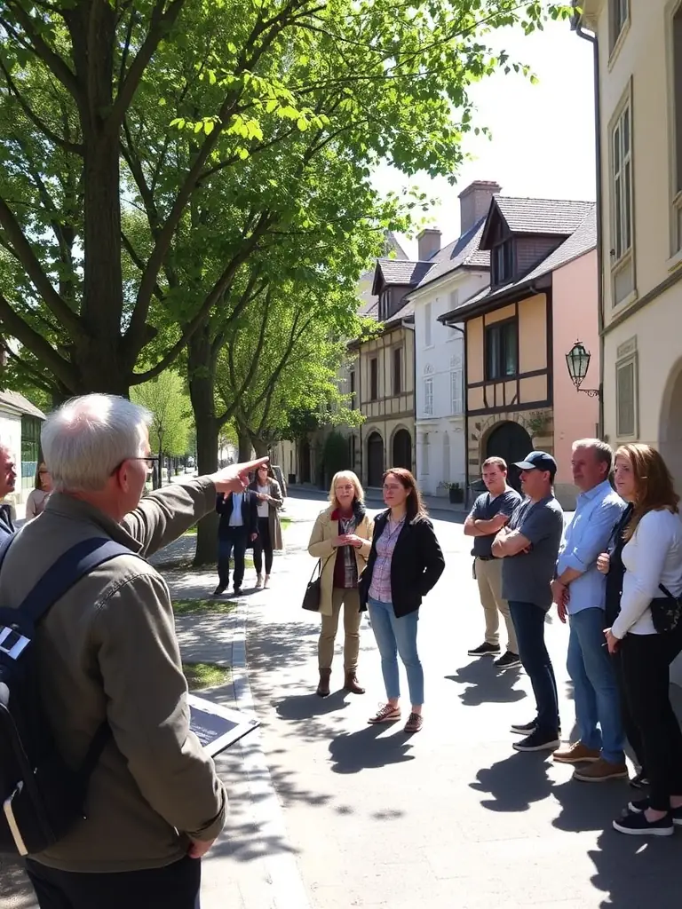 A photograph of a guided historical tour through the streets of Septèmes-les-Vallons, led by a SEPTEMES MEMOIRE ET PATRIMOINE expert.
