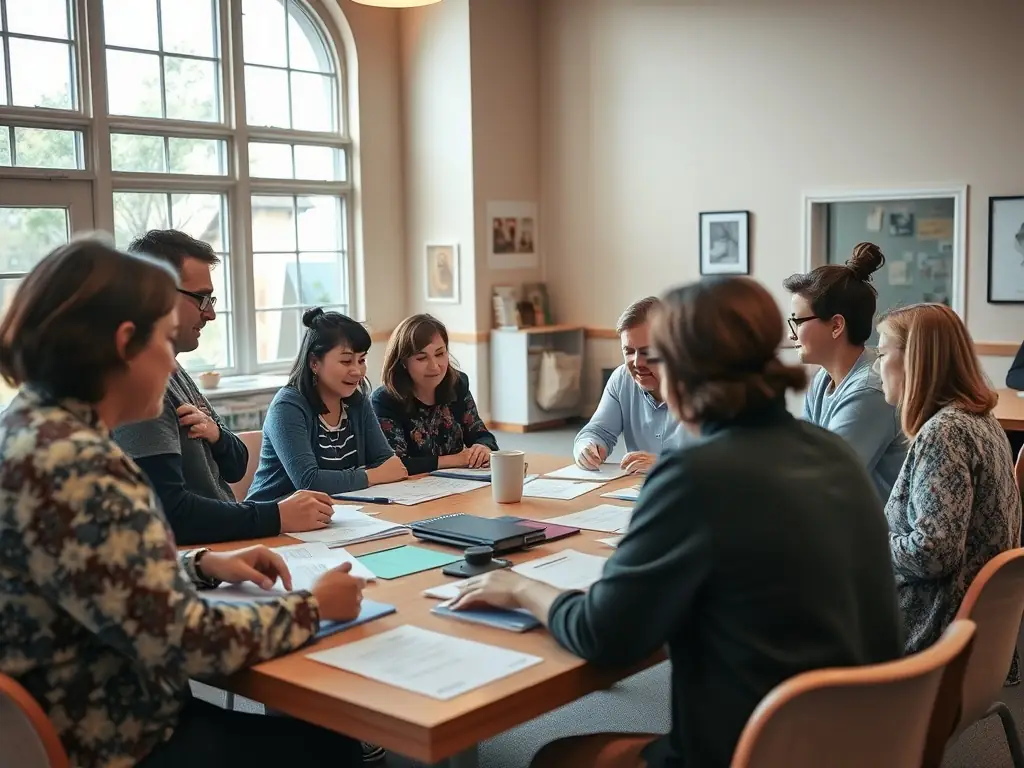 A photo of children and adults participating in a heritage workshop with historical artifacts on display, highlighting the educational programs offered by SEPTEMES MEMOIRE ET PATRIMOINE.