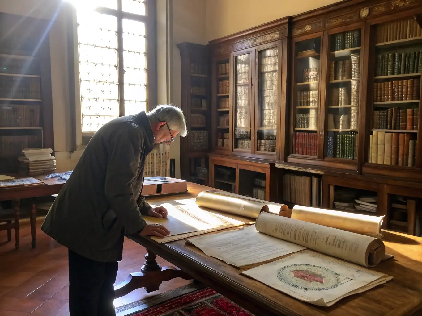 Researchers meticulously examining historical documents and artifacts in the SEPTEMES MEMOIRE ET PATRIMOINE archive, contributing to the organization's historical research efforts.