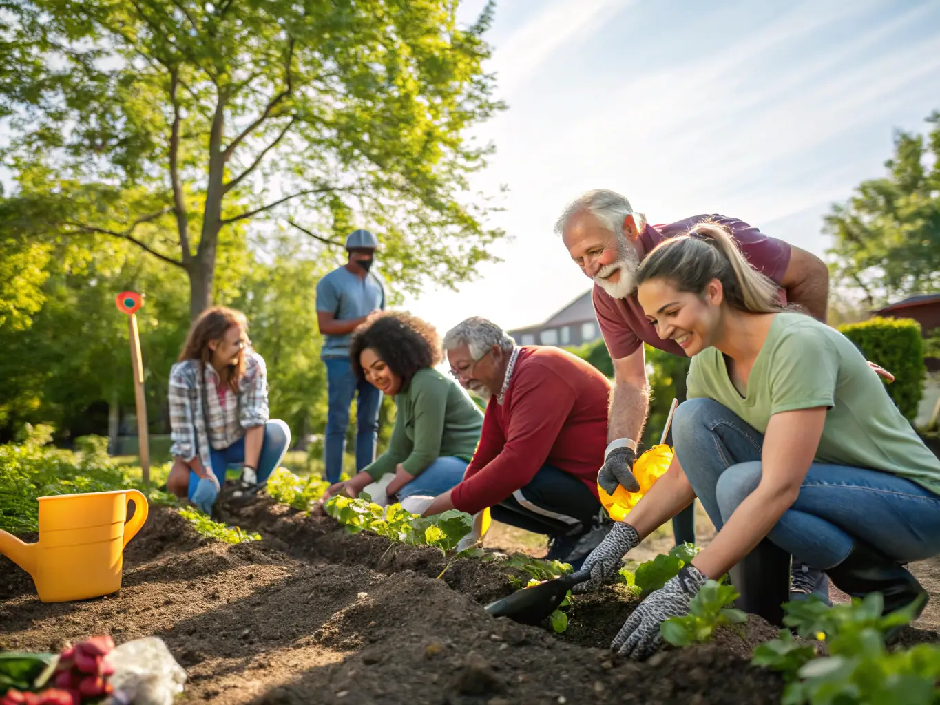Volunteers planting flowers in a community garden as part of a SEPTEMES MEMOIRE ET PATRIMOINE initiative to beautify historical sites in Septèmes-les-Vallons.
