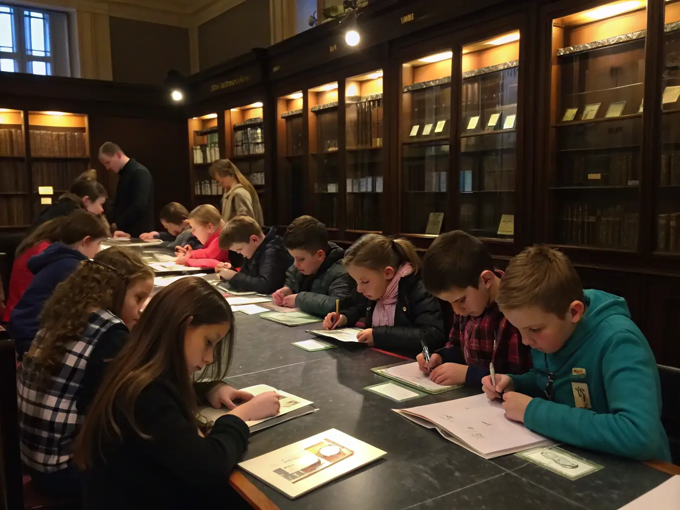 A group of students participating in an interactive history workshop at the SEPTEMES MEMOIRE ET PATRIMOINE center, learning about local historical artifacts.