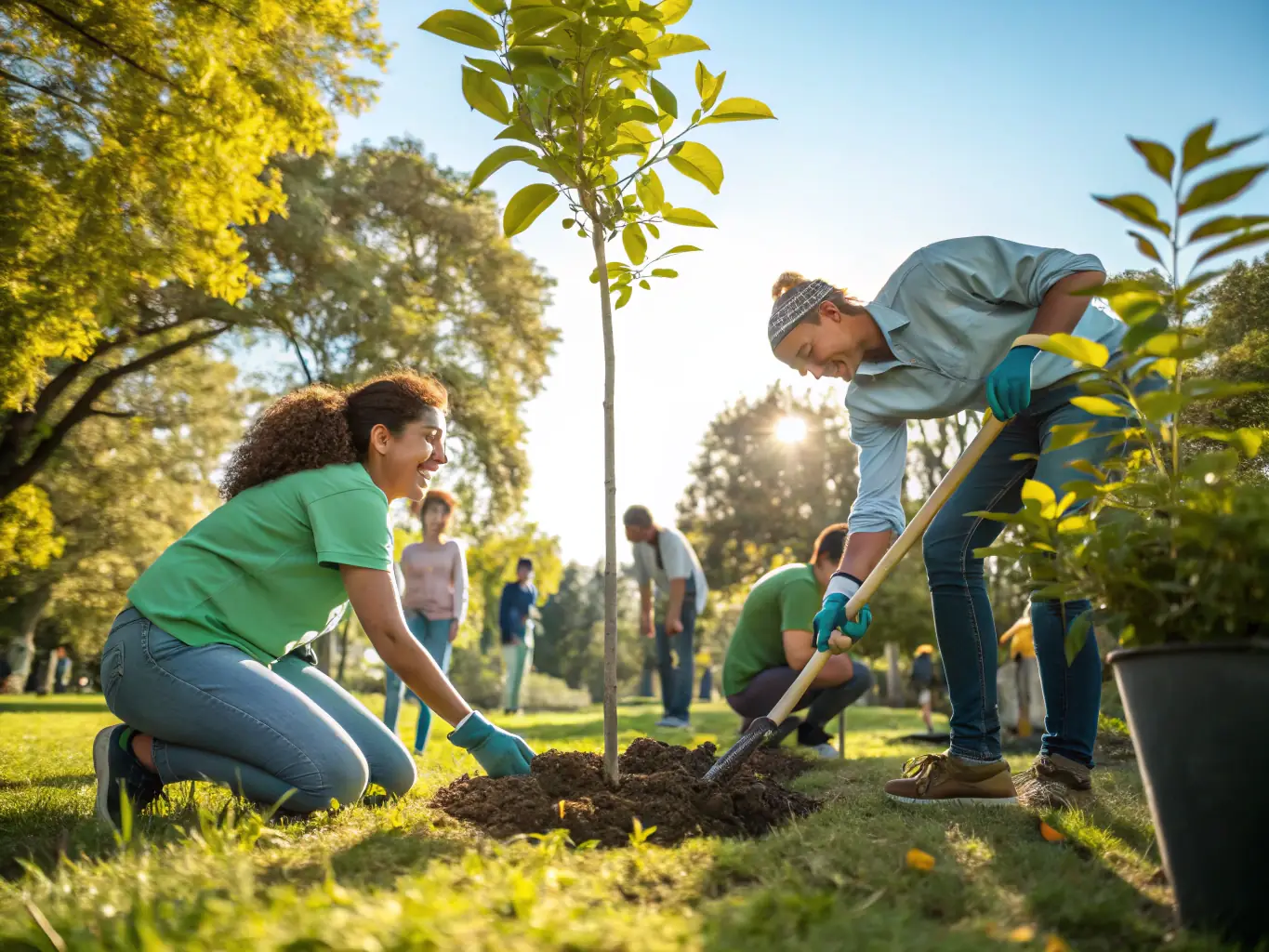 A community gathering in an outdoor setting with volunteers planting or restoring a historical site, illustrating the community engagement initiatives of SEPTEMES MEMOIRE ET PATRIMOINE.